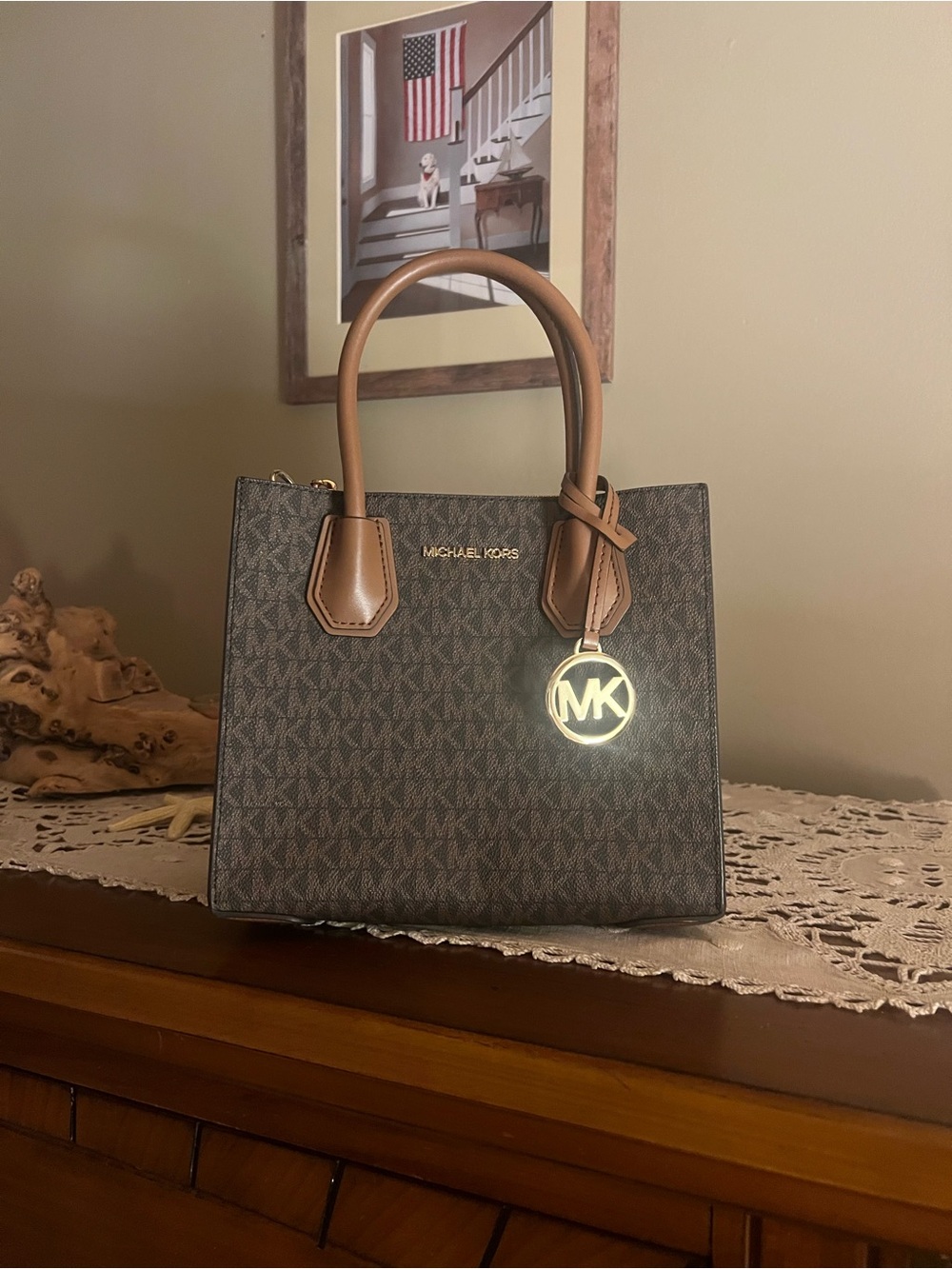 Michael Kors Brown Monogram Satchel with Tan Handles and Gold MK Charm